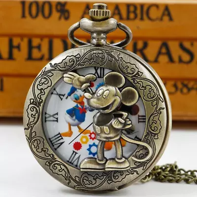 Pocket Watch Mickey Mouse Quartz Necklace Fob With Chain Pendant Gift  • £9.99