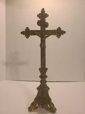 $149.99 • Buy Antique 13  Bronze Jesus Crucifix Cross Mary & Joseph Base Altar Religious  Vtg 