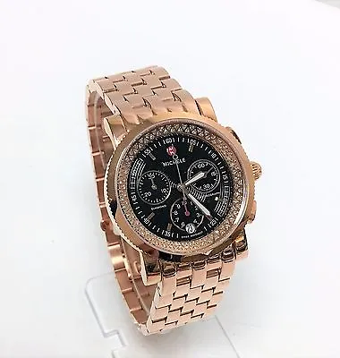 New Michele Sport Sail Rose Gold Toneblack Dial96 Diamonds Watch Mw01c01g1002 • $1449.04