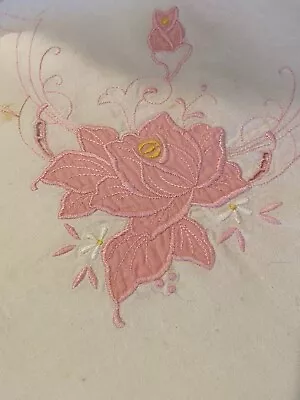 $12 • Buy Vintage 41”x 43” Tablecloth White With Pink Floral Appliqué