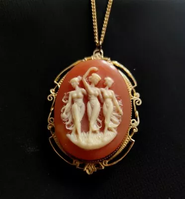 Large 3 Muses Resin Cameo Pendant Necklace W/Gold Tone Filigree Details • $15