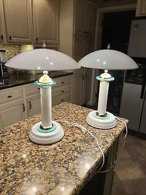Vintage Mcm White Metal Touch Lamp Mushroom Dome Atomic Flying Saucer Ufo Pair • $165