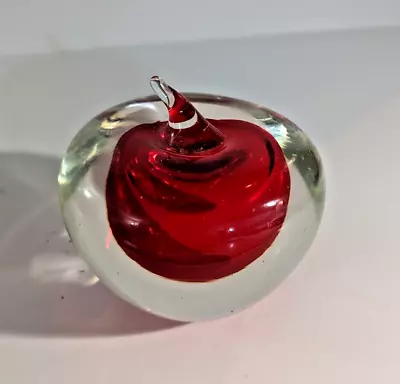 Vintage Murano Sommerso Art Glass Apple Paper Weight Clear Red Center Hand Blown • $45