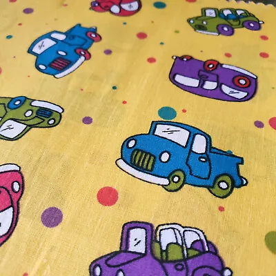 Retro Cars Dots On Yellow Poly Cotton Fabric 58  By The Yard Vintage Car Print • $6