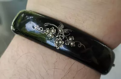 Victorian Era Mourning Bracelet Antique Black Enamel Seed Pearl Foliate Jewelry • $289.11