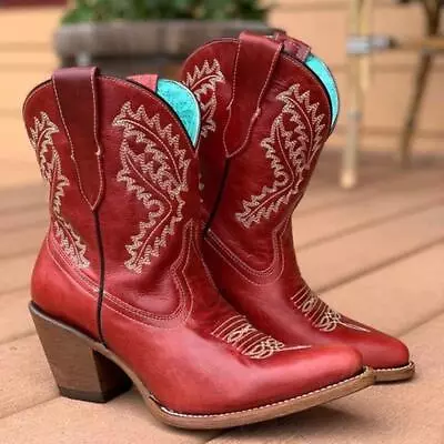 Women Pointed Toe Party Embroidery Mid Calf Boots Casual Cowboy Chunky Heels • $85.47