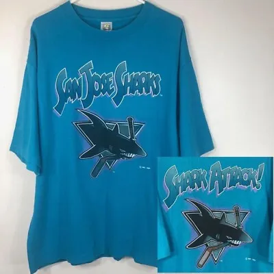 Vintage San Jose Sharks T Shirt Men’s XL “SHARK ATTACK!” Teal Single Stitch 1994 • $39.99