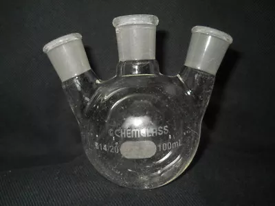 $14.99 • Buy CHEMGLASS 14/20 Joint Glass Angled 3-Neck 100mL Round Bottom Flask, Chipped