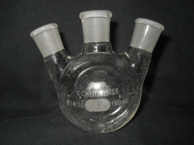$14.99 • Buy CHEMGLASS 14/20 Joint Glass Angled 3-Neck 100mL Round Bottom Flask, Chipped