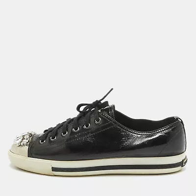 Miu Miu Black Patent Leather Crystal Embellished Cap Toe Sneakers Size 41 • $244.65