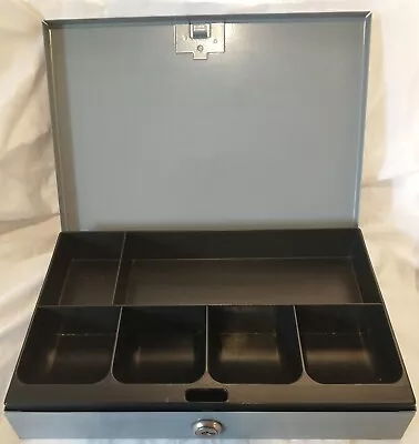 Vtg Cash & Coin Box Portable Gray Metal  11.5  X 7.75  X 2  Slim Fits In Drawer • $14.99