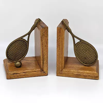 Enesco Tennis Bookends Racquet Ball Brass Wood 1980s Retro VTG • $48.95