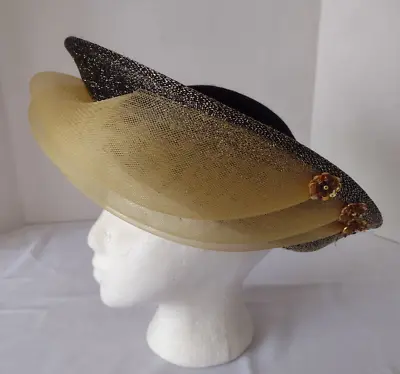 Vintage Wool Church Hat Black With Netting/Gold Sequin/Floral Brim Decor • $38.95