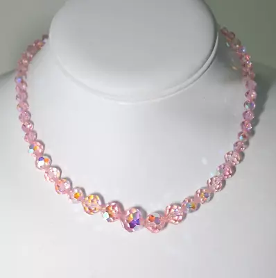 VTG  Aurora Borealis AB Pink Crystal Graduated Bead Strand Hook Necklace 15  AQ • $18