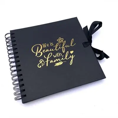 Life Is Beautiful With Family Photo Album Black Scrapbook Gold Script • £14.99