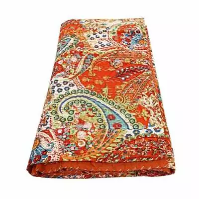 Indian Orange Reversible Paisley Kantha Quilt Handmade Bedspread Throw Gudari • £35.99