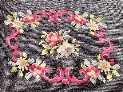 NICE Vintage Completed Floral Center Black Needlepoint Canvas For Chair Etc • $22