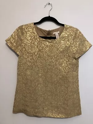J. Crew Gold Crew Neck Silk Blend Floral Embroidered Metallic Blouse Size 0 • $17.50