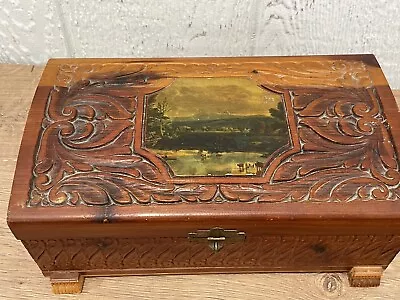 $29.99 • Buy Vintage Cedar Wood Box Lithograph Country Carved Picture Stash Jewelry Box