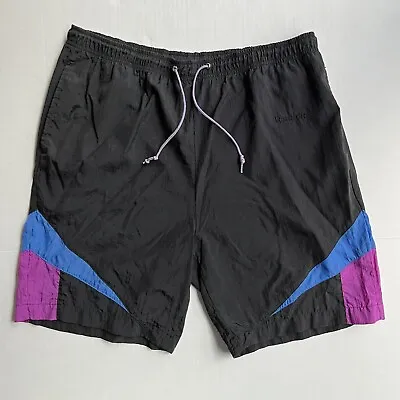 Reebok Shorts Vintage 90s Mens L Black Blue Purple Colorblock Spellout Nylon • $19.95