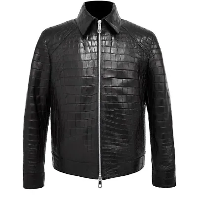 Black Alligator Leather Jacket For Men's Cow-skin With Crocodile Embossed Jacket • $169.99