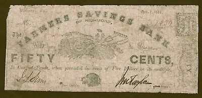 1861 RICHMOND VIRGINIA FARMERS SAVINGS BANK 50c CONFEDERATE CIVIL WAR CURRENCY • $39