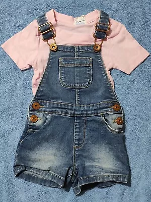 PRIMARK Baby Girls Denim Short Dungarees Outfit 9-12 Months • £3.99