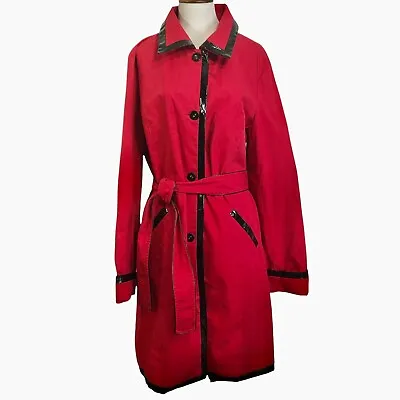 Dennis Basso Rain Coat Womens Size L Red Black Vinyl Trim Belted Collared Trench • $35.02