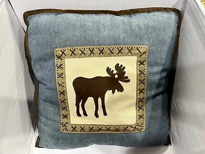 Woolrich Denim And Leather Moose Motif Throw Pillow Blue Brown Border 16 X16  • $10