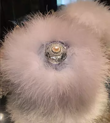 LARGE Blue Powder Puff Trimmed In White Down Feathers Pearl Rhinestone Handle • $34.95