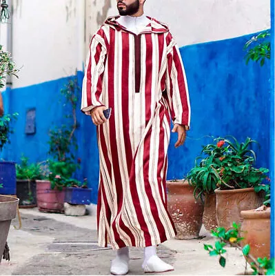 Men Islamic Arab Muslim Kaftan Hoodie Long Sleeve Thobe Vintage Robes Ramadan • $23.54