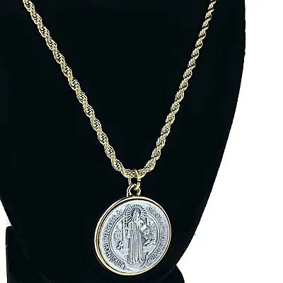 14K Gold Plated Rope Chain Medalla De San Benito 35MM Medal 30  X 4 Mm Necklace • $19.95