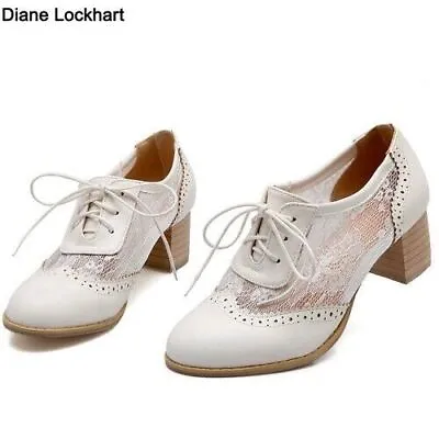  Women Lace Mesh Pumps Shallow Brogue Shoes  Vintage Oxford Shoes Lace-Up Chunky • $79.05