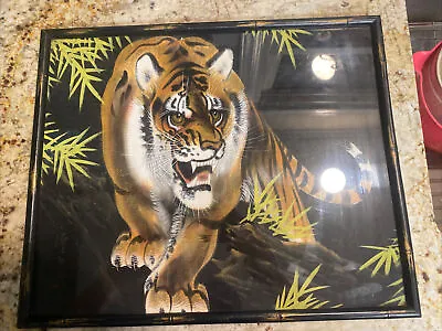 1950’s SIGNED VINTAGE CROUCHING TIGER CHINESE ASIAN BLACK SILK PRINT/PAINTING • $125