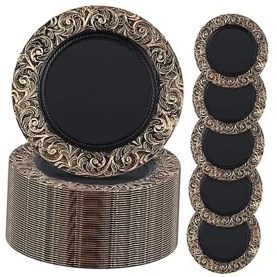  50 Pcs Antique Charger Plates Bulk 13 Inch Embossed Rim Plastic Black/Gold • $131.25