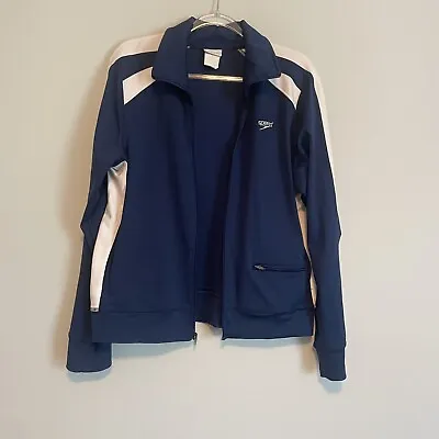 Speedo Mens Size Large Zip Front Long Sleeve Warm Up Jacket Navy Blue White • $19.99