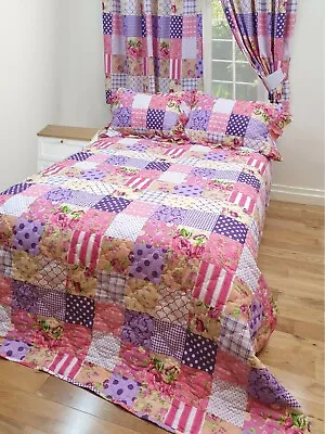 £42.99 • Buy Patchwork Berry Bedspread Set Quilted Floral Stripes Polka Dot Check Pink Purple