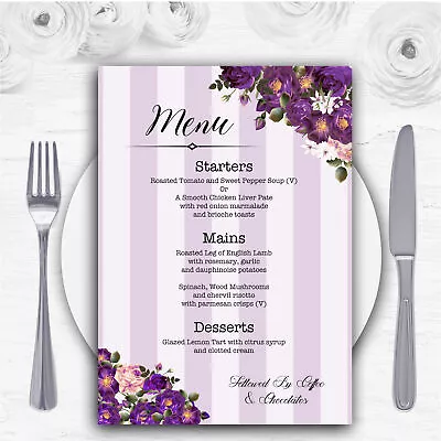 Cadbury Purple Rose & Stripes Vintage Personalised Wedding Menu Cards • £79.96