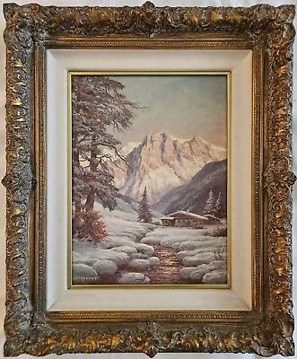 Anton Gutknecht Oil Painting European Mountain Cabin Snow Stream Vintage • $299