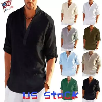 Mens Linen Beach Shirts Plain Loose Casual Shirt Summer Blouse Tops Plus Size • $17.45