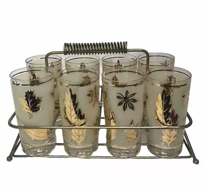 8 MCM Libbey Frosted Gold Leaf Glasses Drinking Tumblers W/ Caddy Holder • $40