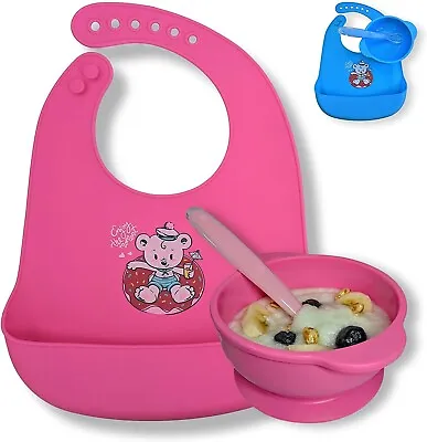 Baby Silicone BPA Weaning Bib Bowl And Spoon Set. Pink Sets Baby Girl  • £12