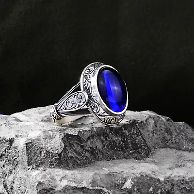 925k Silver Men Blue  Sapphire Stone Ring  Engraved Ottoman Style Men Ring • $135