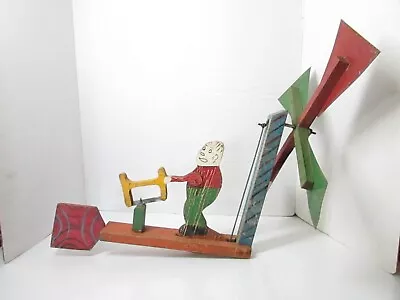 Handmade Folk Art Whirligig Wind Spinner Lumberjack Wood Sawing Man Yard Art • $69.99