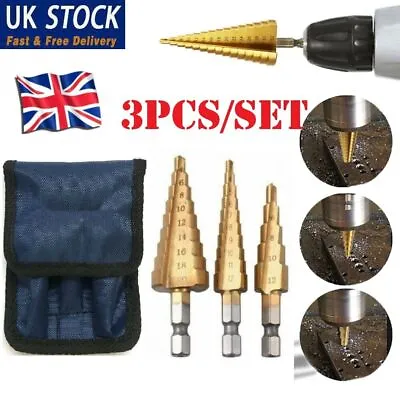 £6.89 • Buy 3pcs Large Hss Step Cone Drill Titanium Bit Set Hole Cutter 3 Piece + Blue Pouch