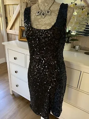 French Connection Cosmic Black Blue Navy Sequin Wiggle Party Cocktail Dress 12 • £39.99
