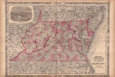 1864 Antique Johnson Atlas Map Of Virginia Delaware & Maryland-hand Colored • $15