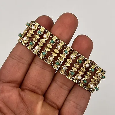 Vintage Estate 14k Yellow Gold Pearl And Turquoise 20.5mm 7.25  Bracelet • $2149.99