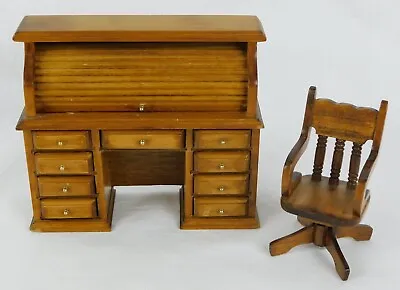 Dollhouse Miniature ~ ROLLTOP WRITING DESK ~ Wooden Swivel Chair • $18.50