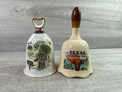 Lot Of 2 Vintage Collectible Porcelain Souvenir Hand Bells Georgia & Texas • $18.20